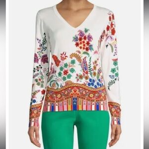 $875 Etro Milano Floral Multicolor Long Sleeve V Neck